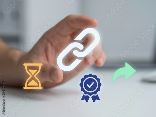 Digital marketing and SEO concept with a hand touching a glowing chain link icon next to an hourglass and quality certification badge.