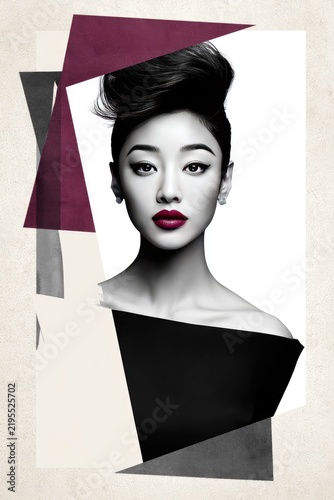 Elegant Monochrome Portrait of a Woman with Geometric Collage Elements