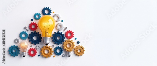Creative Innovation Concept with Glowing Light Bulbs and Colorful Mechanical Gears on White Background Representing Brainstorming Teamwork and Engineering Solutions for Business Growth and Success