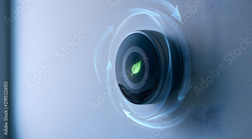 A smart thermostat displaying the prevailing temperature alongside an energy-saving leaf icon on the wall, with arrows illustrating airflow