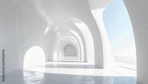 Bright white futuristic corridor with arched openings leading to the ocean under a clear sky