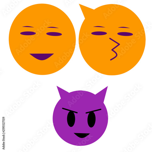 Abstract emoji face icon set with orange happy emoticons and purple devil character isolated on transparent background
