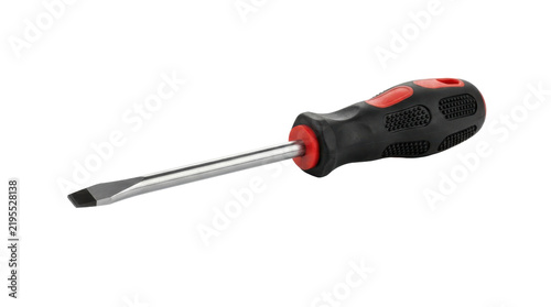 Flathead screwdriver featuring ergonomic rubberized handle isolated against plain white studio background for repair tasks
