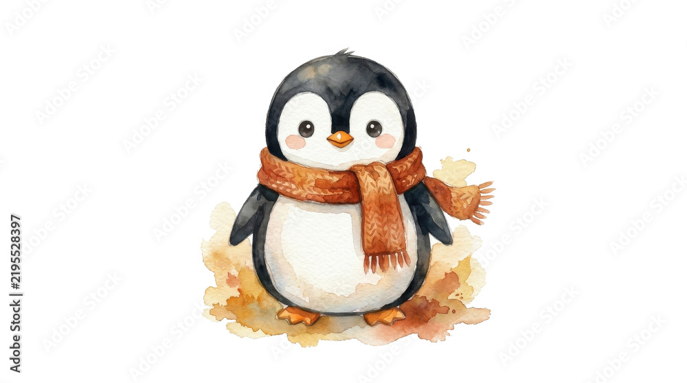 Obraz premium Little penguin character wearing cozy orange knitted scarf painted watercolor style isolated white background