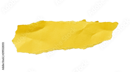Yellow torn paper strip featuring rugged jagged edges isolated on pure white background for artistic design mockup