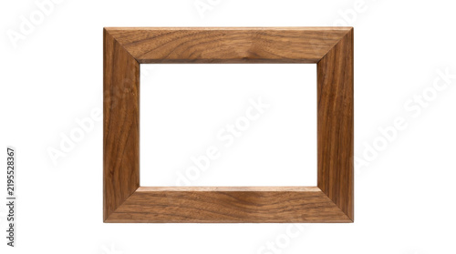Natural oak wood picture frame exhibiting rectangular wooden grain texture isolated against white studio backdrop display background