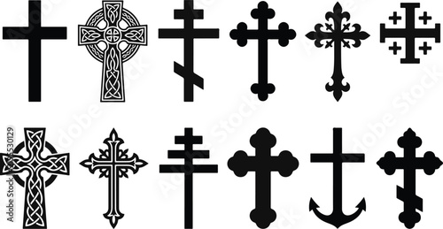 Collection of various cross symbols and Celtic crosses on white background