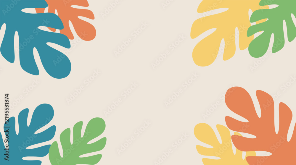 Obraz premium Tropical monstera leaf frame background, colorful flat design with vibrant foliage elements
