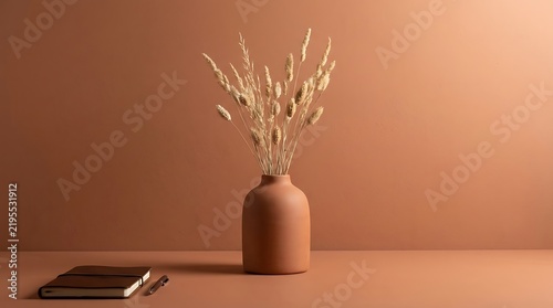 Dried ornamental grass stalks placed inside minimalist ceramic vase near leather diary on smooth tabletop surface
