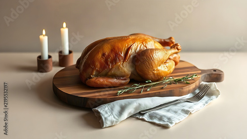 Roasted turkey on wooden board with candles, Thanksgiving dinner concept