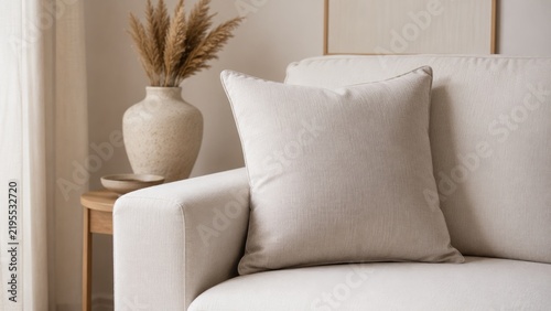 Neutral beige sofa with a square throw pillow beside a wooden side table and decorative vase holding dried pampas grass