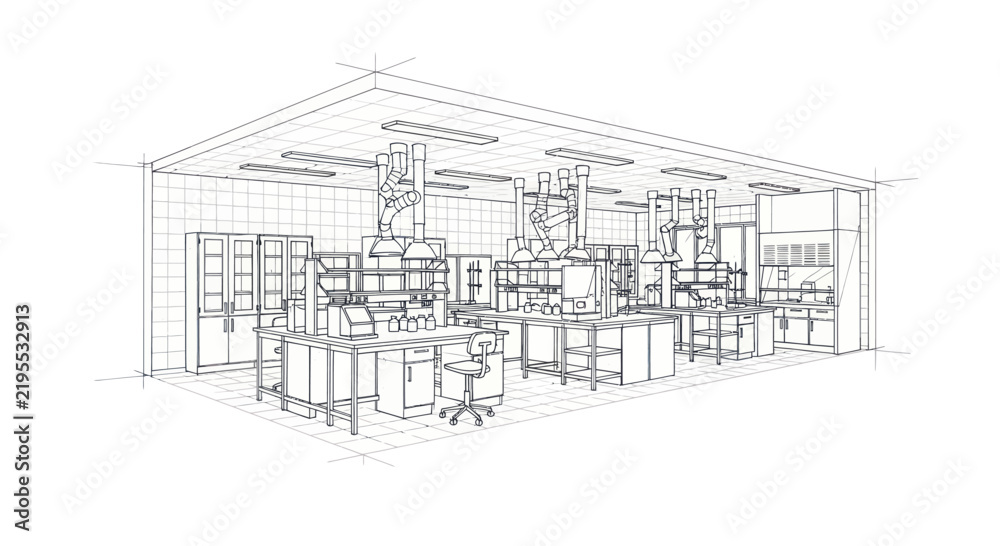 Fototapeta premium Industrial Sketch of a Modern Well Equipped Chemistry Laboratory with Fume Hoods Workbenches and Robotic Arms
