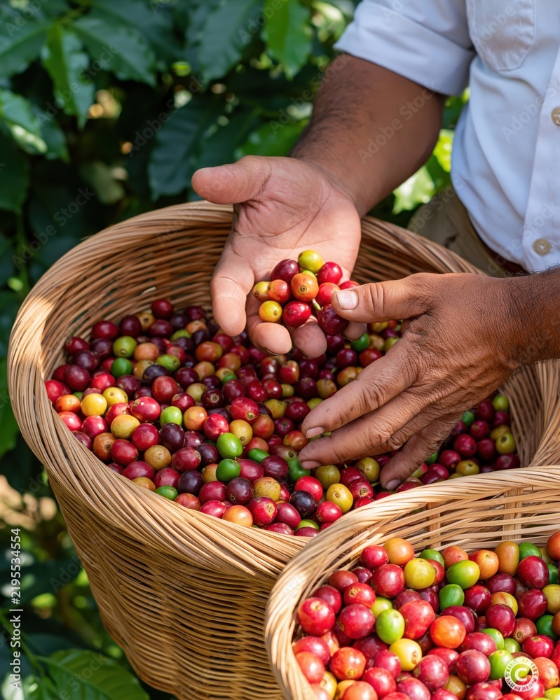 Obraz premium Hand holding fresh coffee cherries over woven baskets in coffee plantation