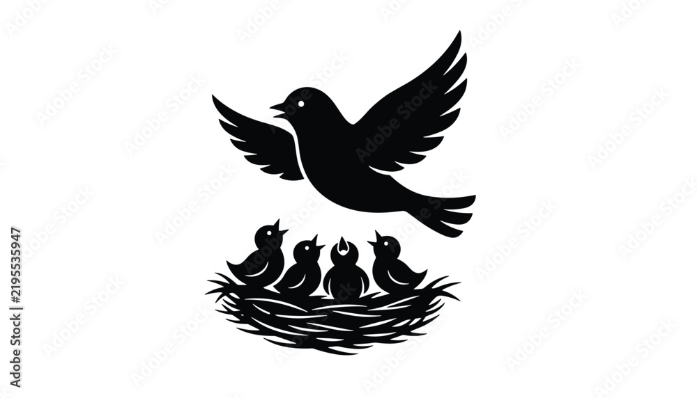 Fototapeta premium Black silhouette illustration of a mother bird flying back to her nest filled with four hungry baby chicks in springtime.