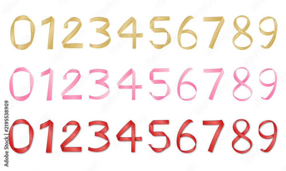 Obraz premium Gold pink and red ribbon number vector set