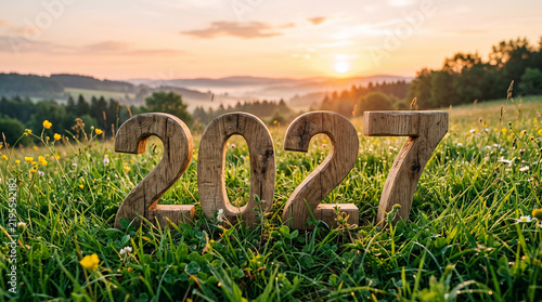 2027 New Year in a Peaceful Green Meadow at Sunset