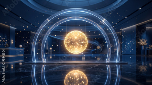 Futuristic Golden Sphere in Luxurious Reflective Interior