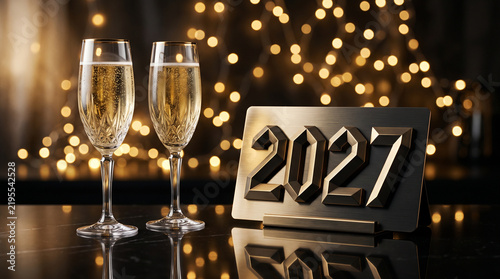 Elegant 2027 New Year Celebration with Champagne and Golden Lights