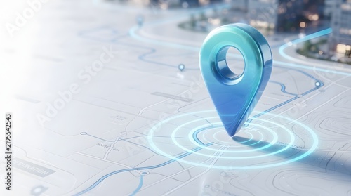 3D glossy blue location pin icon on a stylized digital map surface with glowing signal circles and navigation route lines, concept for GPS tracking, travel destination, and mapping technology.
