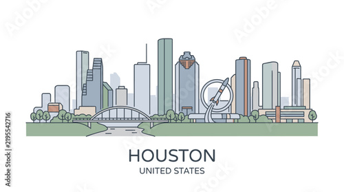 Stylized digital illustration of Houston Texas city skyline with modern skyscrapers and urban landscape features