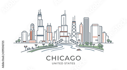 Minimalist cityscape illustration depicting the iconic Chicago skyline featuring skyscrapers and urban landscape