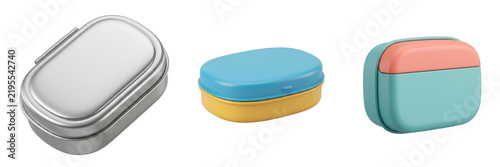 Three different closed storage boxes featuring metal and plastic materials with smooth surfaces and rounded corners presented in a set isolated on transparent background