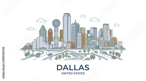 Illustration of Dallas skyline featuring diverse skyscrapers modern urban landscape and surrounding greenery with transportation