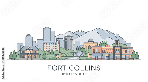 Illustrated panoramic view of Fort Collins Colorado with urban buildings mountains and greenery drawing style