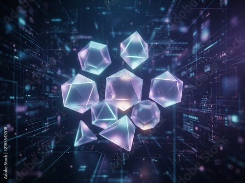 Cluster of floating translucent glass platonic solids surrounded by glowing cybernetic data code for cryptography and quantum computing concepts
