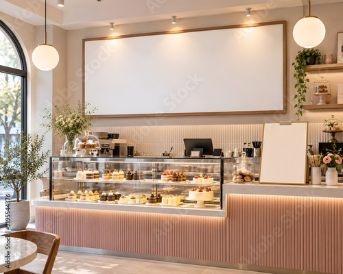 Elegant Dessert Cafe Interior With Large Blank Menu Board and Counter Sign Mockup for Bakery Branding and Advertising