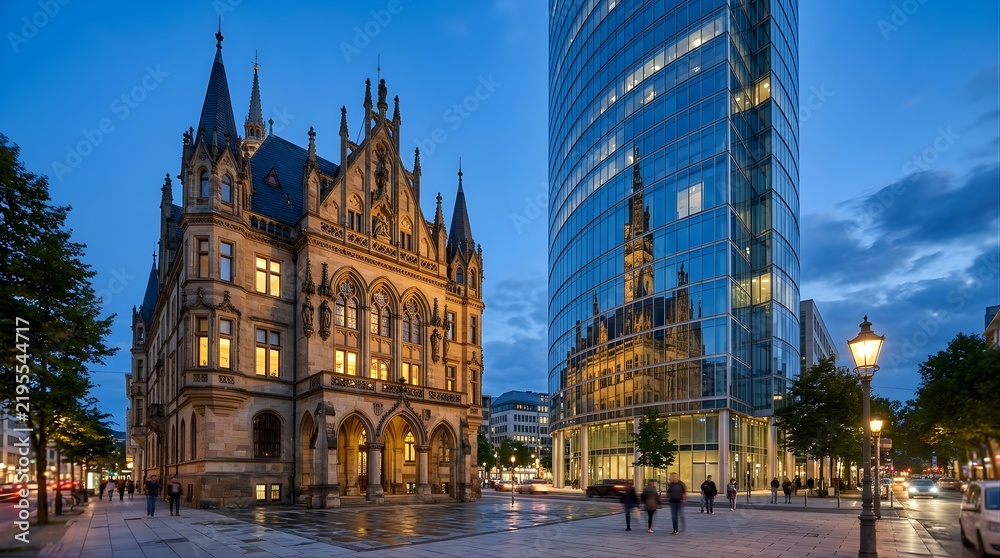Obraz premium Historic gothic revival building next to modern glass skyscraper at dusk