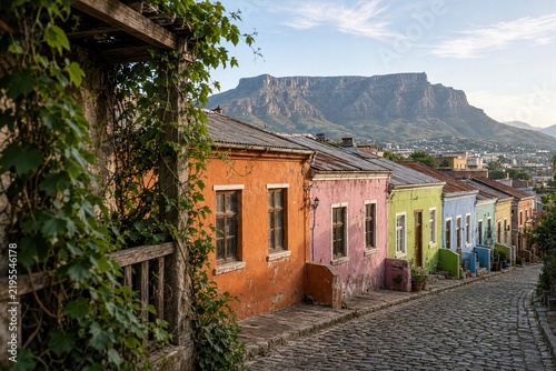 Colorful Historic Houses Lining a Cobblestone Street with Table Mountain in the Background in Cape Town