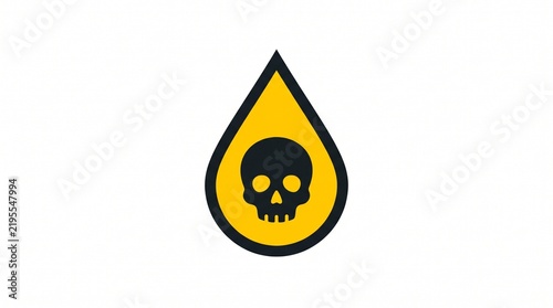 Striking graphic warning symbol featuring a bold black skull icon contained within a vivid yellow liquid drop shape, universally signifying poison, hazard, and extreme toxicity