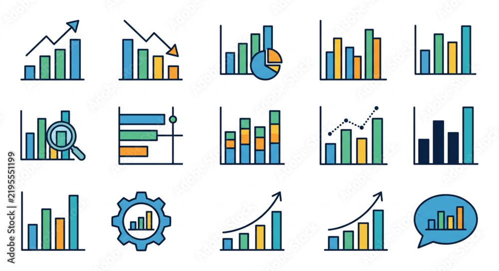 Obraz premium Sleek Colorful Business Analytics Icons Showcasing Diverse Charts Graphs and Data Visualization Tools with Gear and Speech Bubbles