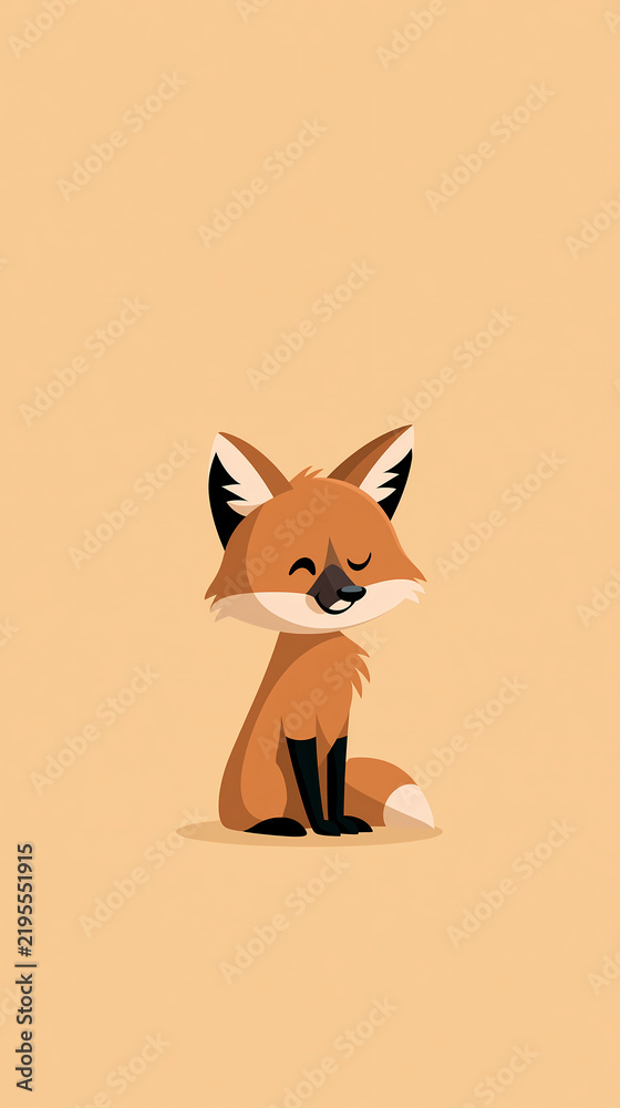 Fototapeta premium A cute cartoon fox with a happy expression sits calmly on a plain light orange background in a simple flat vector illustration style