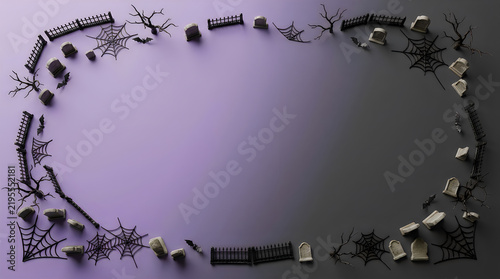 Spooky Halloween graveyard border with miniature tombstones and spider webs on purple background, eerie cemetery frame featuring tiny gravestones and dead trees for seasonal party invitations.