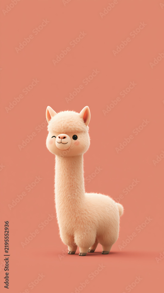 Fototapeta premium A cute fluffy baby llama stands against a soft solid background while winking at the camera in a friendly and cheerful pose for a studio portrait
