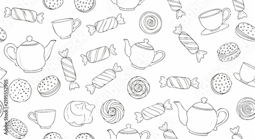 Seamless pattern with hand drawn tea pots cups cookies and candy sketches.