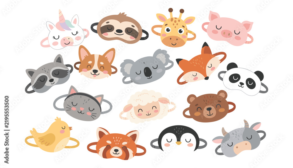 Fototapeta premium Cute animal sleep masks vector set featuring cartoon sleep blindfold characters for bedtime relaxation isolated on white background
