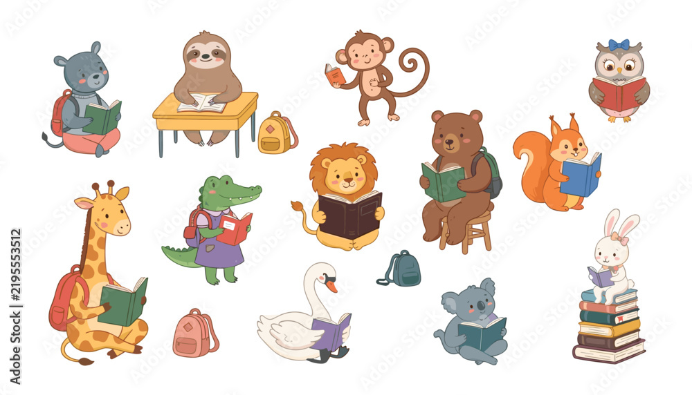 Fototapeta premium Cute cartoon smart school animals reading books vector collection featuring friendly wildlife students characters isolated on white background