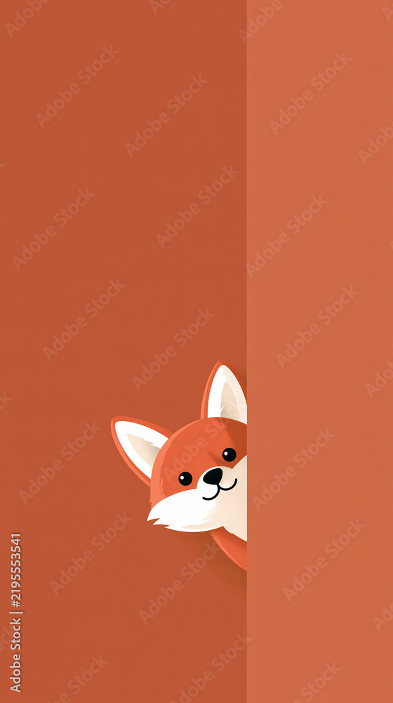 Fototapeta premium A cute cartoon style fox peeking from behind a plain orange wall in a minimalist vector illustration design