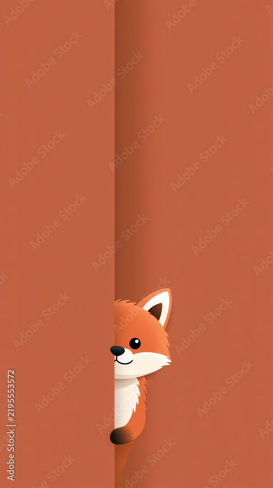 Fototapeta premium A cute cartoon fox peeking from behind a solid orange wall in a simple flat illustration style suitable for children and creative projects