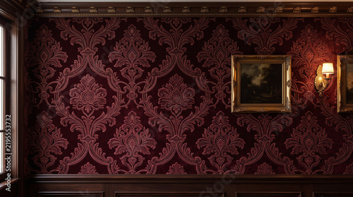 Luxury Interior Wall Featuring Dark Red Damask Wallpaper and Classic Wood Trim.
