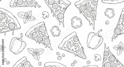 Hand drawn pizza slice pattern with mushrooms and peppers.
