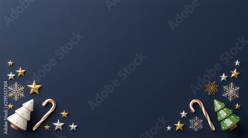 Elegant Christmas background with festive ornaments on dark blue surface, luxury holiday border featuring gold stars and white snowflakes. Minimalist winter celebration layout with decorative
