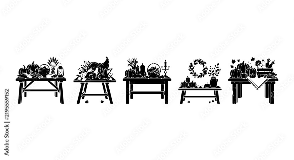 Fototapeta premium Harvest Festival Table Icons, Autumn Bounty Vector Graphics, Seasonal Produce Arrangements, Thanksgiving Celebration Elements