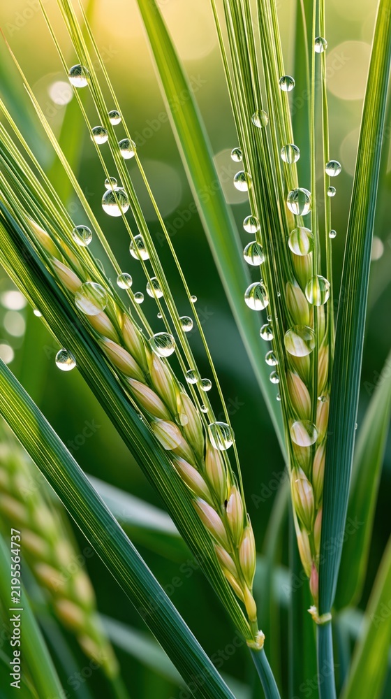 Obraz premium Backlit barley shoots with dew drops in morning light