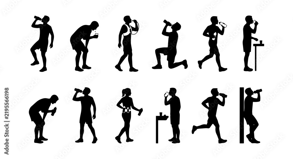 Obraz premium Silhouette Collection: Diverse People Hydrating, Exercising, and Resting Icons