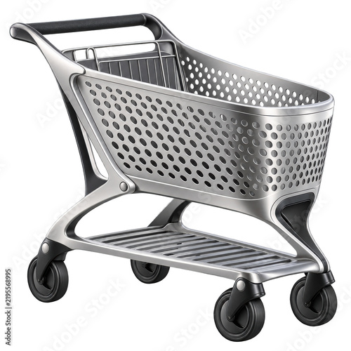 modern, sleek shopping cart with perforated metal sides, a sturdy frame, and four swivel wheels designed for easy maneuverability and durability.