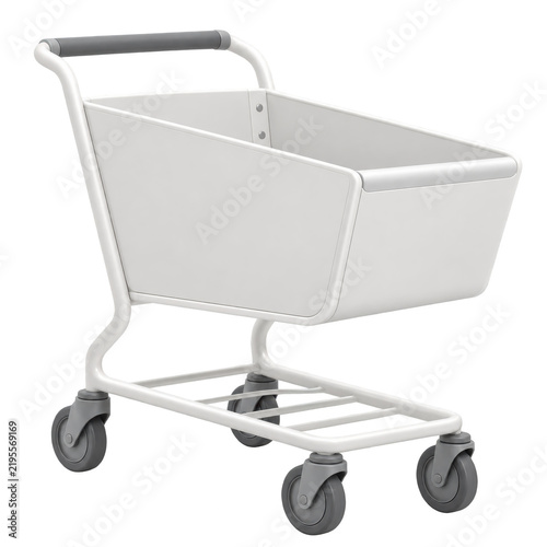 modern, white shopping cart with four swivel wheels and a spacious rectangular basket, designed for carrying items in retail environments.